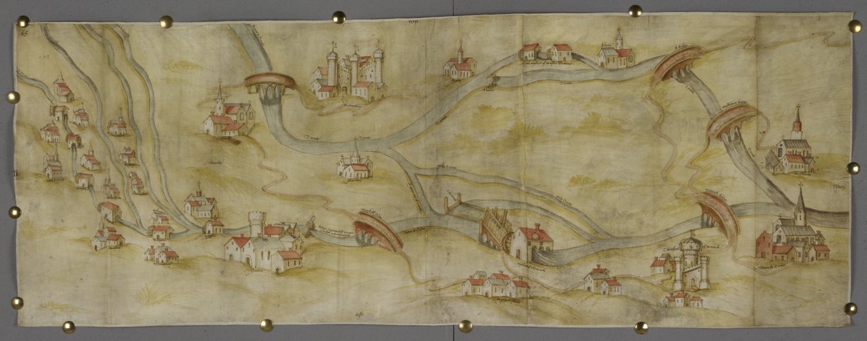棉花 MS Augustus I i 65 诺丁汉和纽瓦克之间的特伦特河及其支流地图，约 1540 年（纸张上的钢笔和墨水以及水彩画） 作者 英语学校