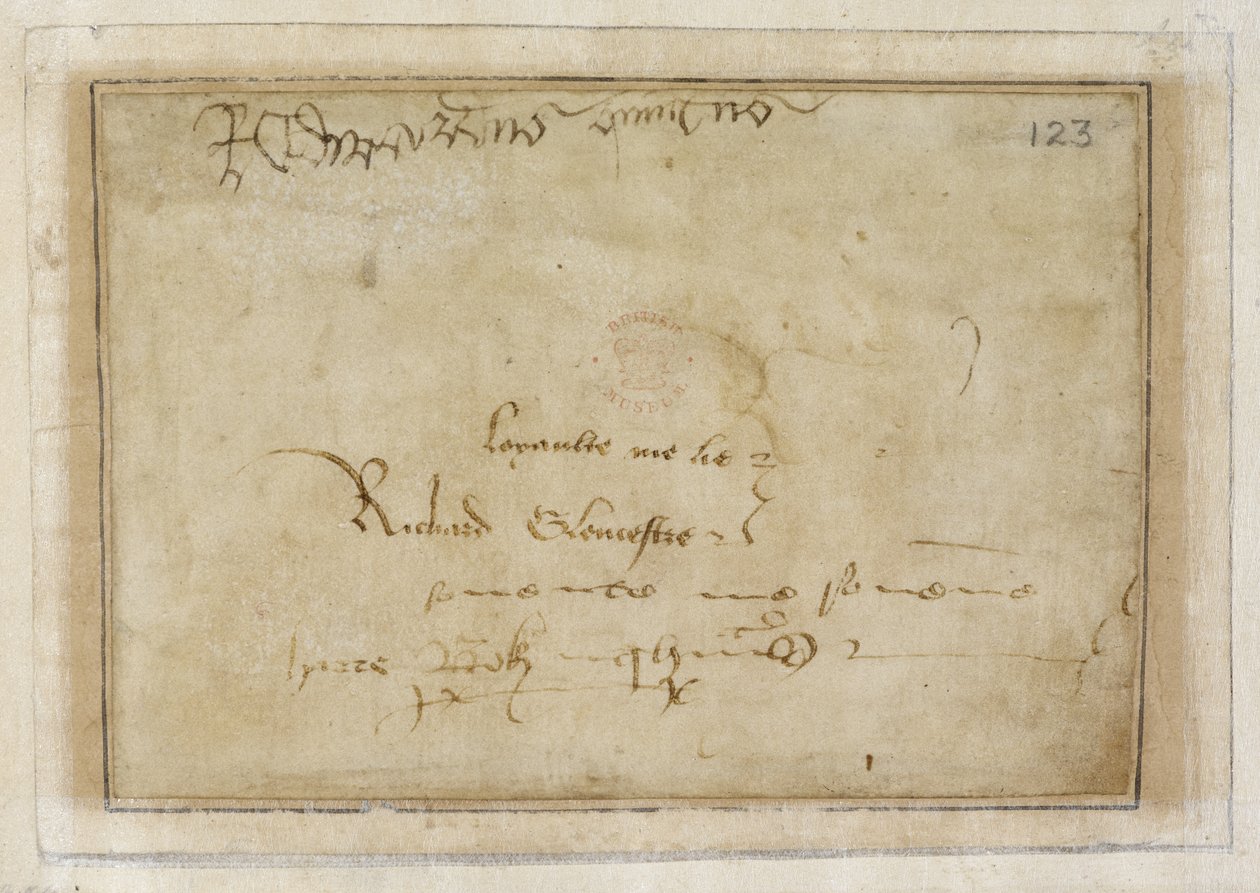 Cotton MS Vespasian F XIII f.123 理查德的 "忠于我的谎言 "签名紧挨着爱德华五世的签名 作者 英语学校