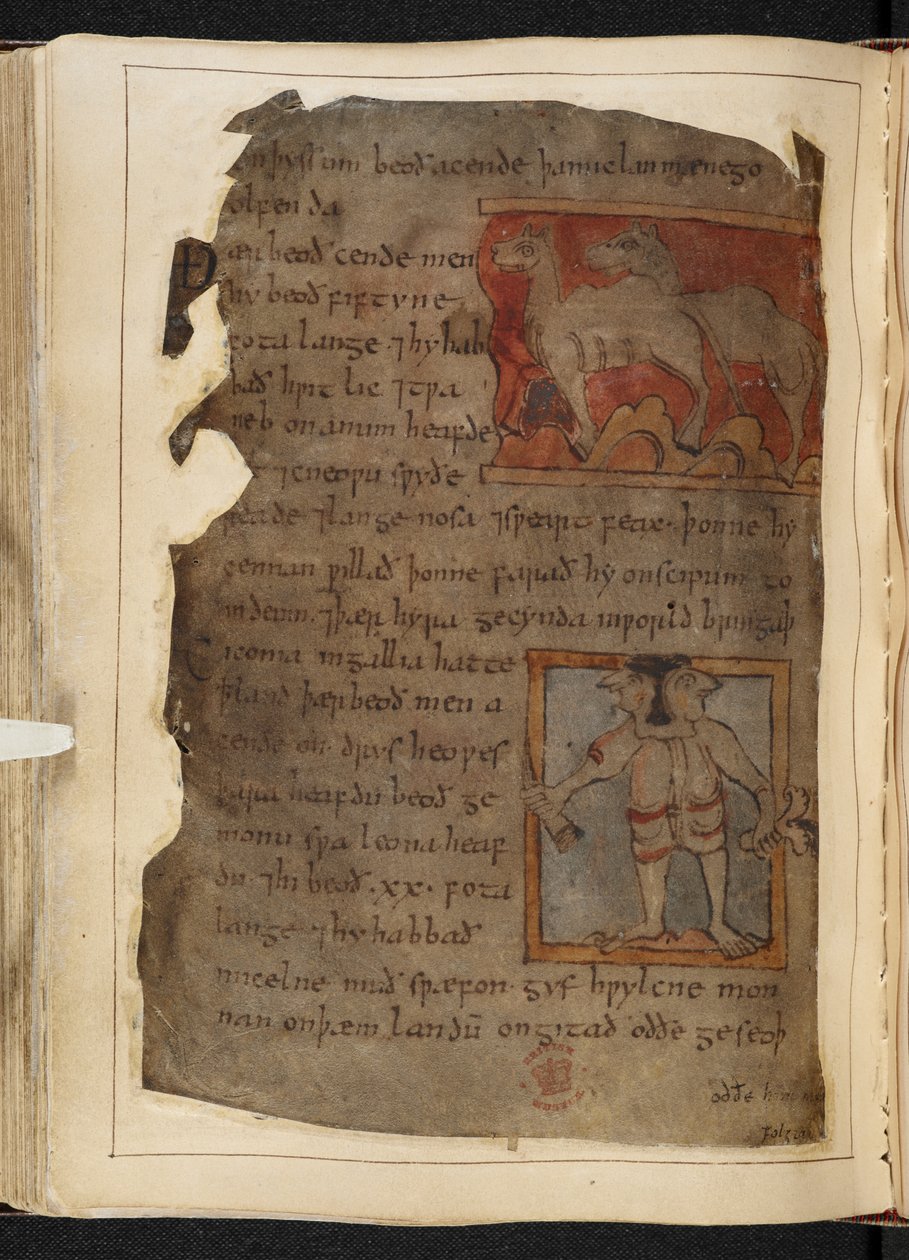 Cotton MS Vitellius A XV f.101v，《贝奥武夫》，选自 "Nowell 抄本"（羊皮纸上的墨水）。 作者 英语学校