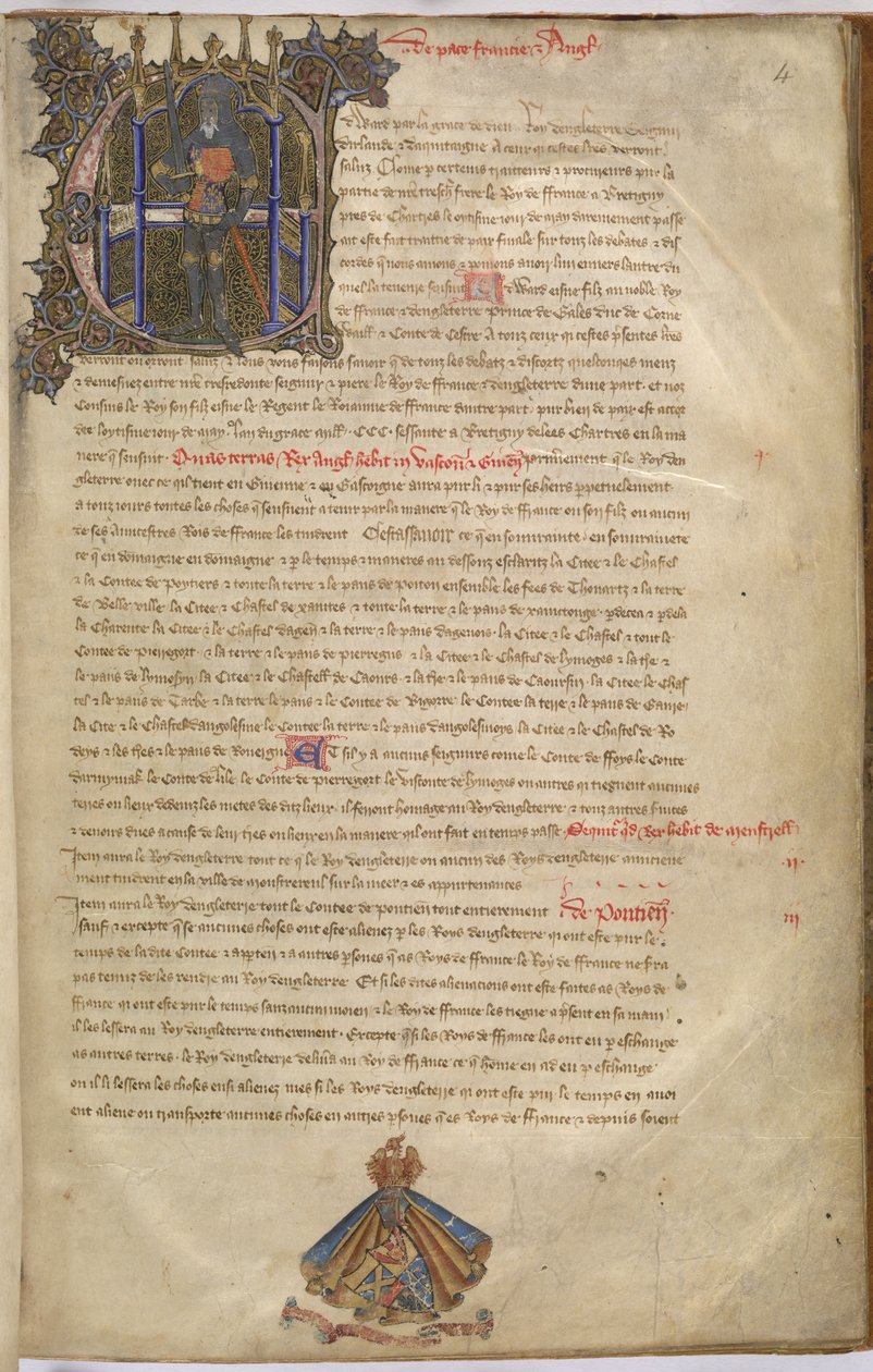 Cotton Nero D. VI f.4 插图首字母 "E"，描绘英格兰国王爱德华三世 作者 英语学校