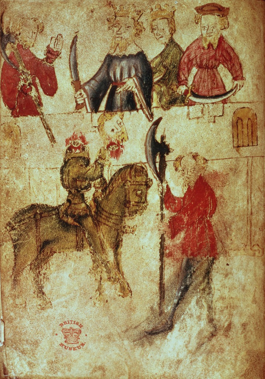 Cotton Nero Ms A X，f.94v：亚瑟大厅中的无头绿骑士，选自《珍珠、洁净、耐心和高文爵士与绿骑士》，约 1375-1400 年（牛皮纸上的墨水和色彩） 作者 英语学校