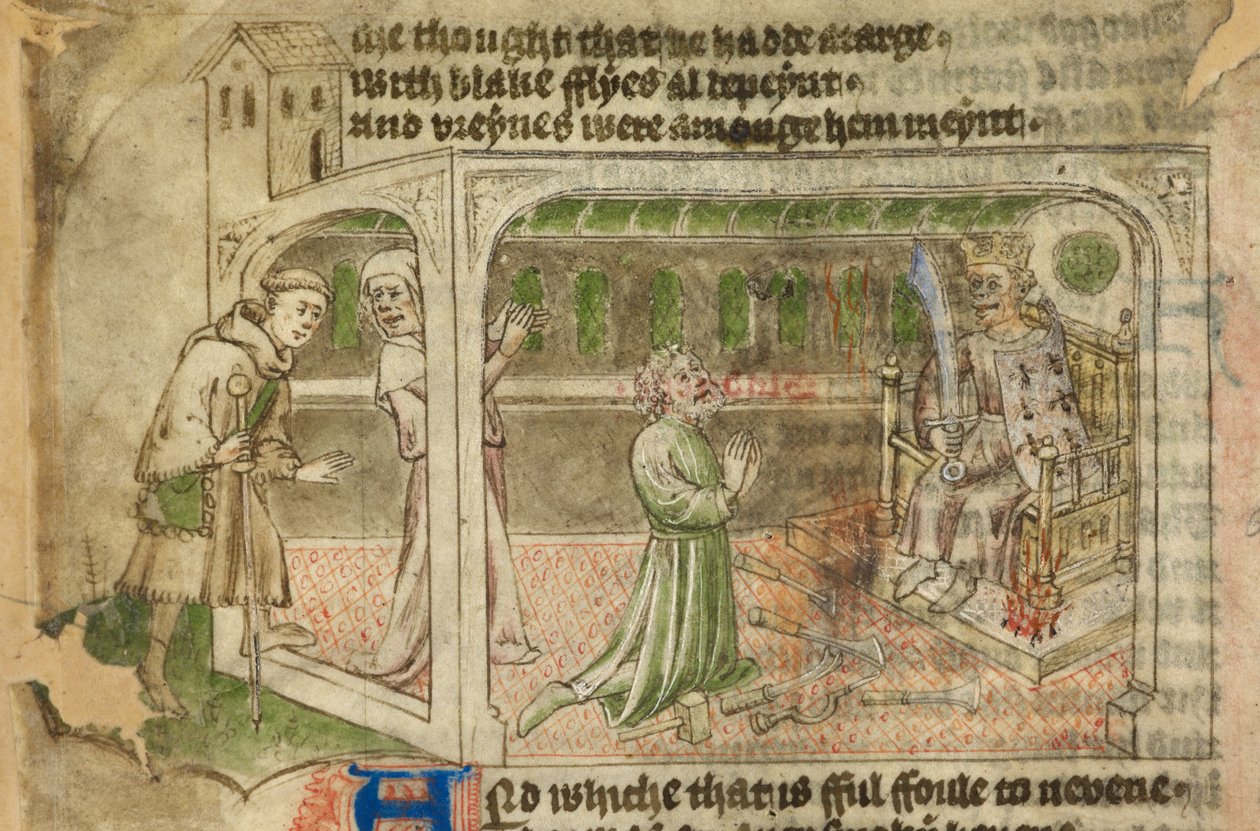 科顿·提比略 A. VII，f.65v，《偶像崇拜之家》，朝圣者进入，一名男子崇拜加冕的偶像（牛皮纸） 作者 英语学校