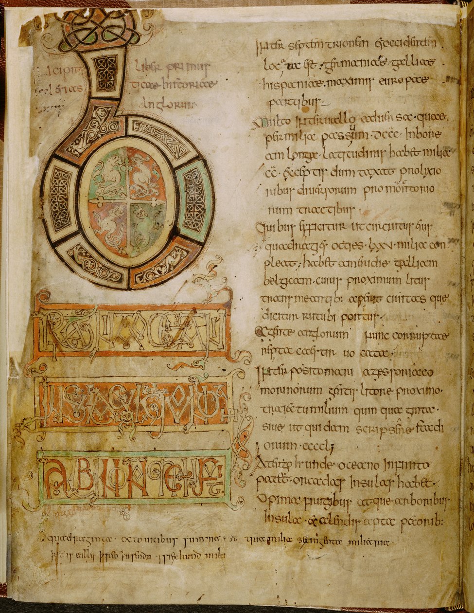Cotton Tiberius C. II，f.5v 首字母 "B"，动物图案和交错装饰，"The Tiberius Bede.英国教会和人民史"，约 850-900 年（牛皮纸上的墨水和色彩） 作者 英语学校