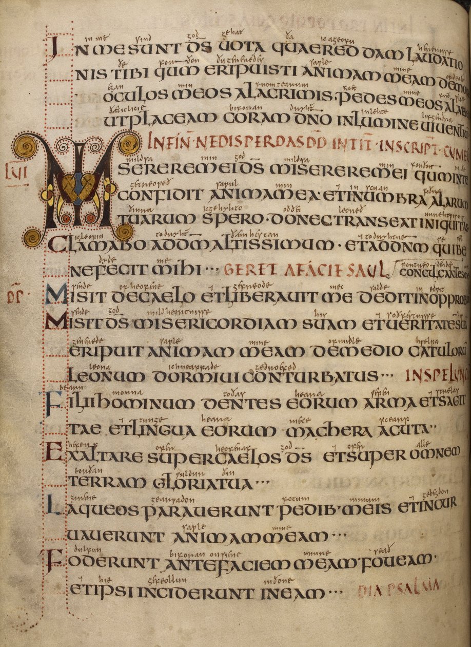Cotton Vespasian A. I, f.55v Psalm 56，带有古英语光泽和装饰的首字母 MI 作者 英语学校