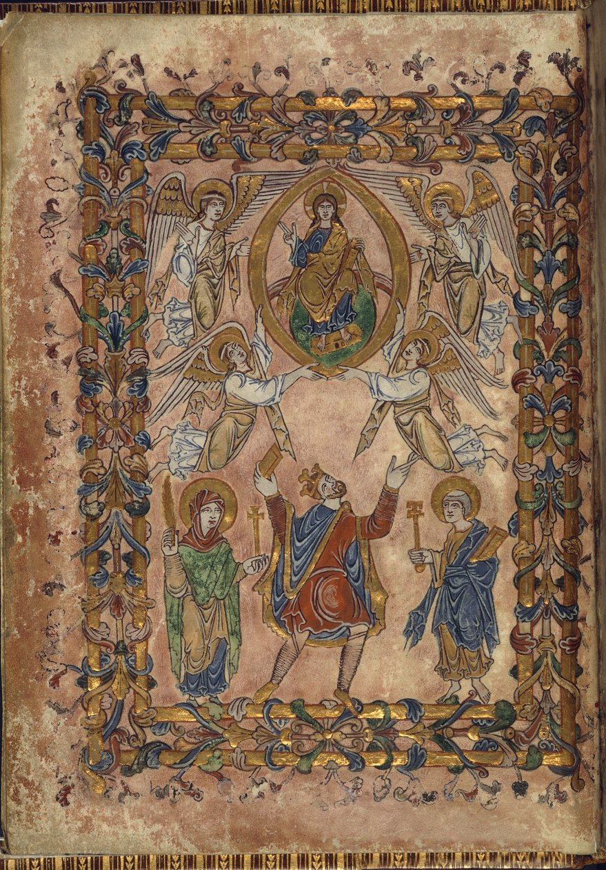 Cotton Vespasian A. VIII, f.2v Edgar 向基督献上宪章，"新明斯特宪章 "插图，966（牛皮纸） 作者 英语学校