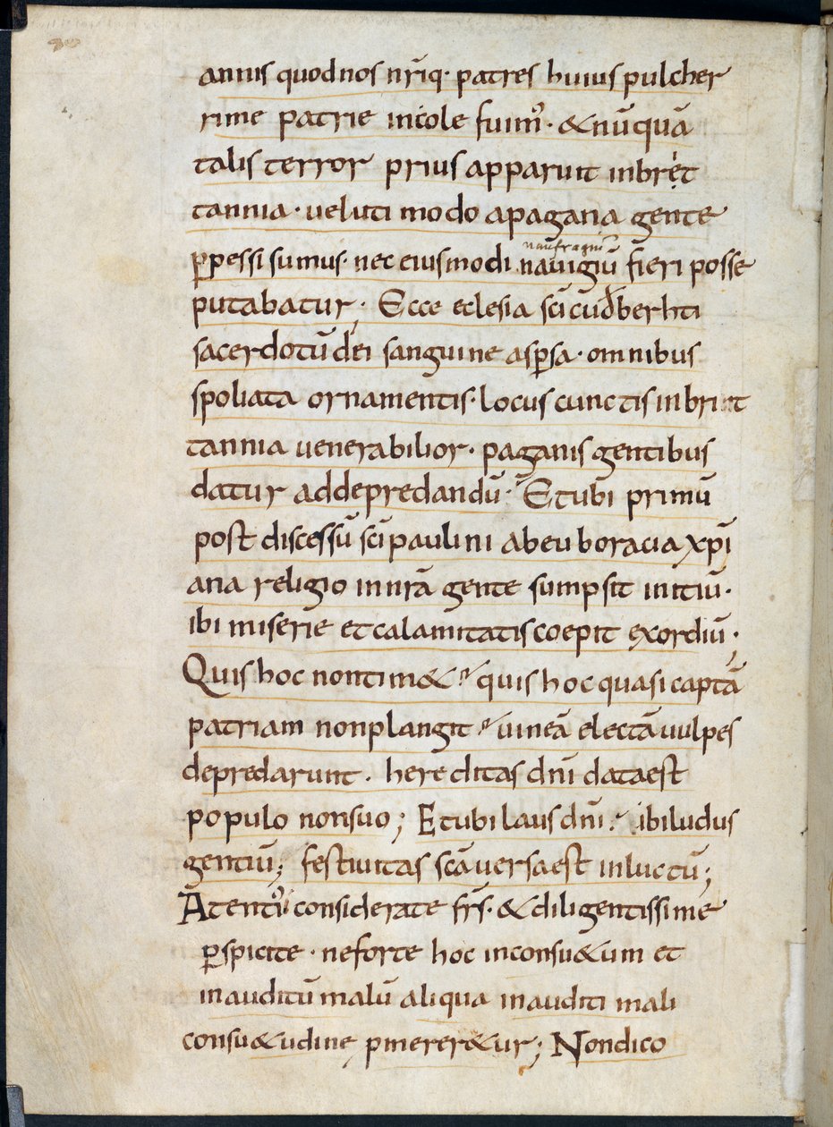 Cotton Vespasian A. XIV, f.126v Alcuin 就 793 年维京人袭击林迪斯芳一事表示哀悼的信（牛皮纸上的墨迹） 作者 英语学校