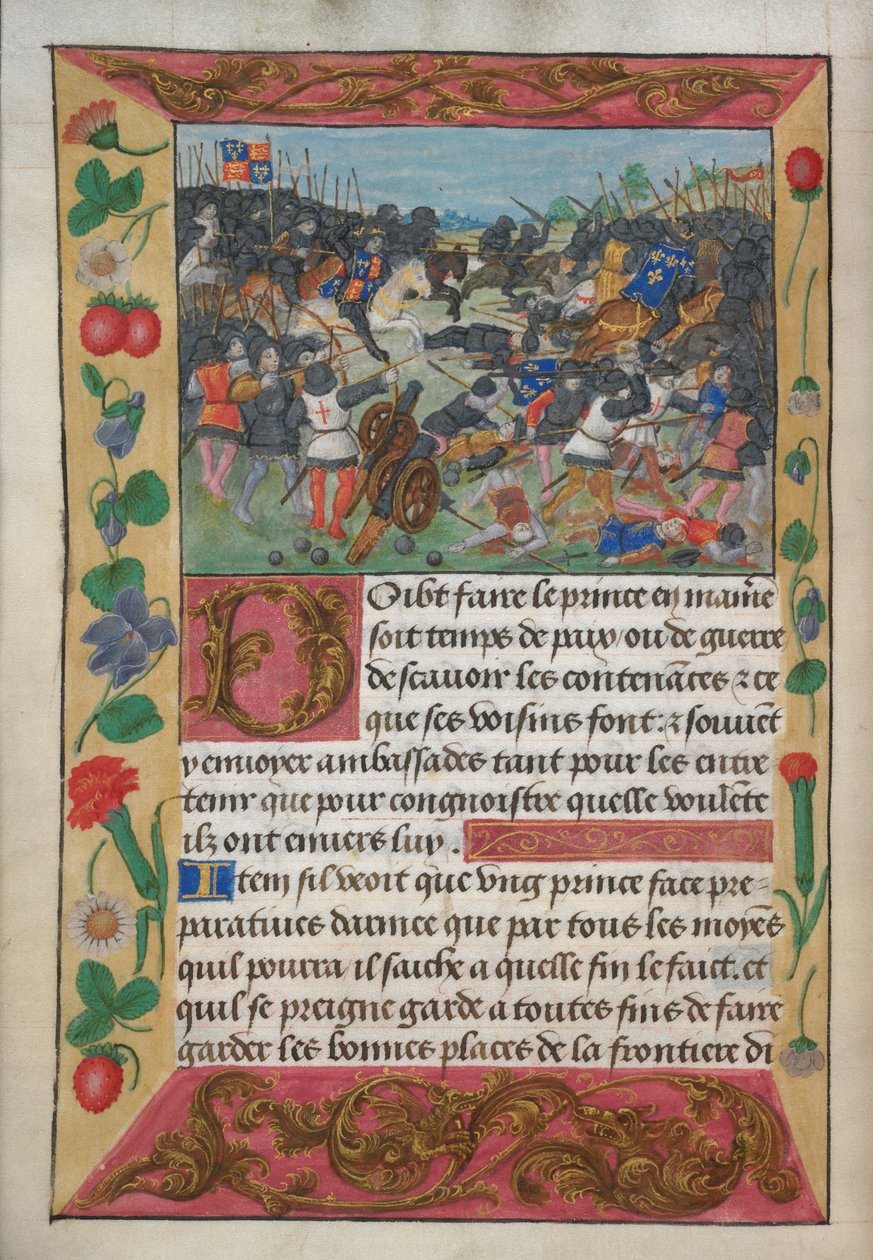 Cotton Vespasian A xvii，f.13v，骑着白马的英格兰国王追赶逃跑的法国国王，选自罗伯特-德-巴尔萨克的《王子战争手册》，约 1490 年代（牛皮纸）。 作者 英语学校