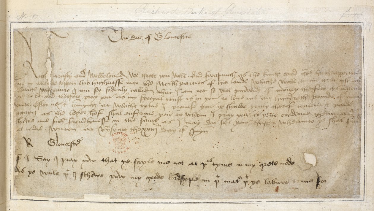Cotton Vespasian MS F III f.19 理查德写给约翰-赛爵士的第一封现存信件 作者 英语学校