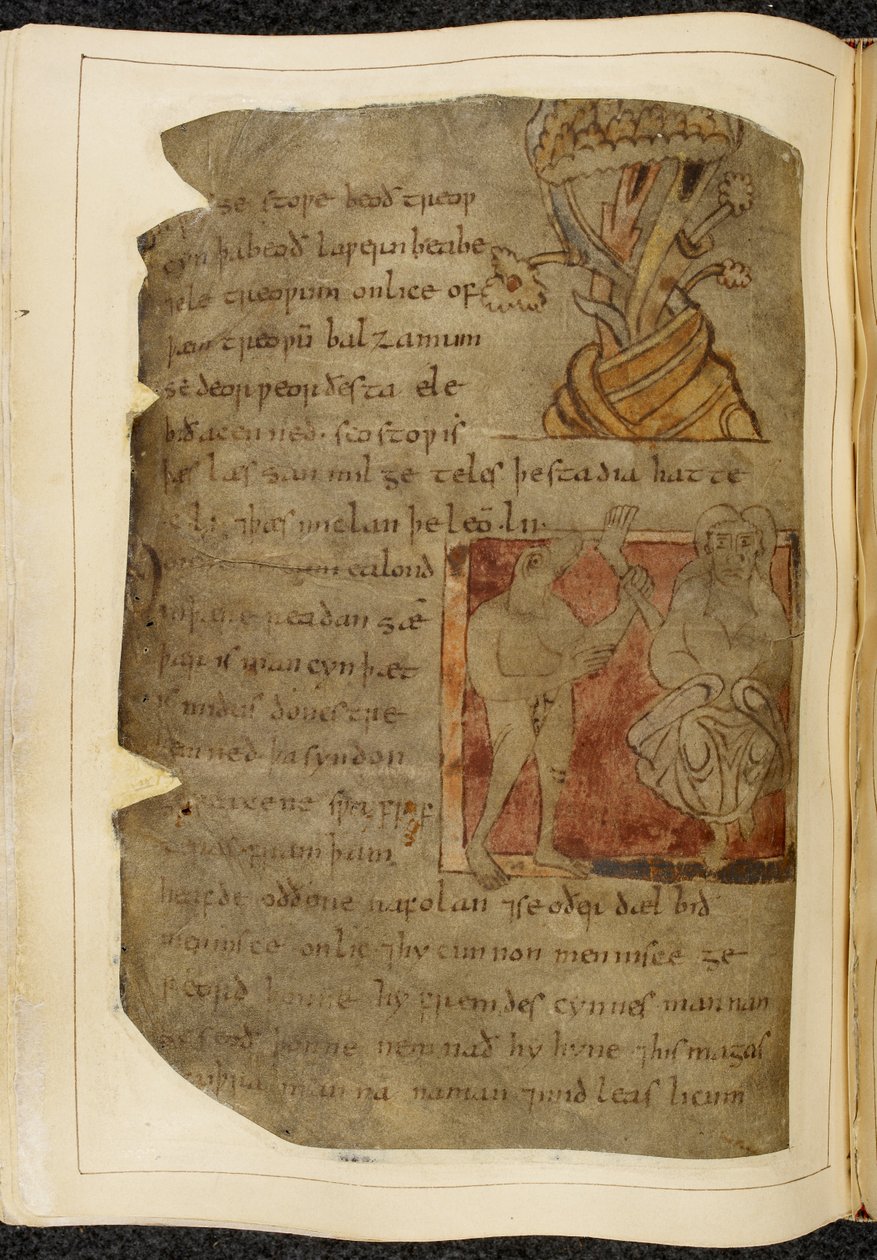 Cotton Vitellius A. XV f.103v，一棵生长香脂的树；一个兽头人 Donestre 站在左边，手里拿着人的腿和脚，右边站着一个人，插图来自《贝奥武夫》，出自 "Nowell 抄本"（羊皮纸上的墨迹）。 作者 英语学校