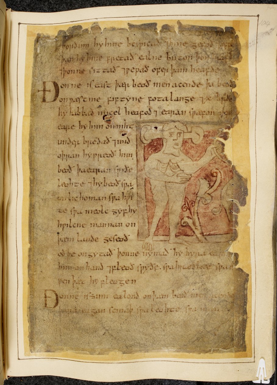 Cotton Vitellius A. XV f.104r，Panotii，即一个耳朵长在茎上的人，手持一个看起来像弓的东西，《贝奥武夫》中的插图，出自《诺威尔法典》（羊皮纸上的墨水）。 作者 英语学校