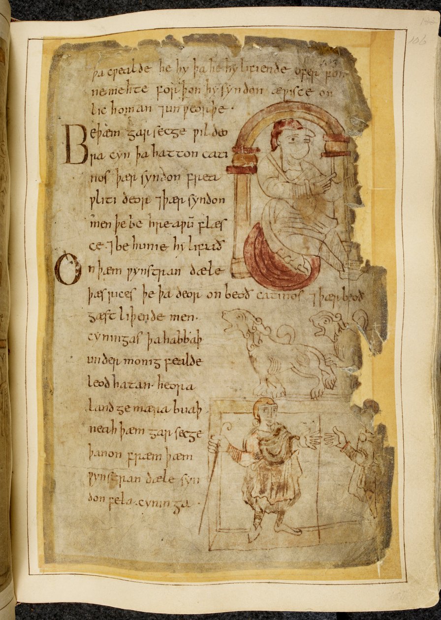 Cotton Vitellius A. XV f.106r，一个人坐在拱门下的垫子上；两只 Catini，像狗一样张开嘴的野兽；一个穿长袍的人拿着一根杖，向另一个人伸出手，插图来自《贝奥武夫》，出自《诺威尔法典》（羊皮纸上的墨迹）。 作者 英语学校