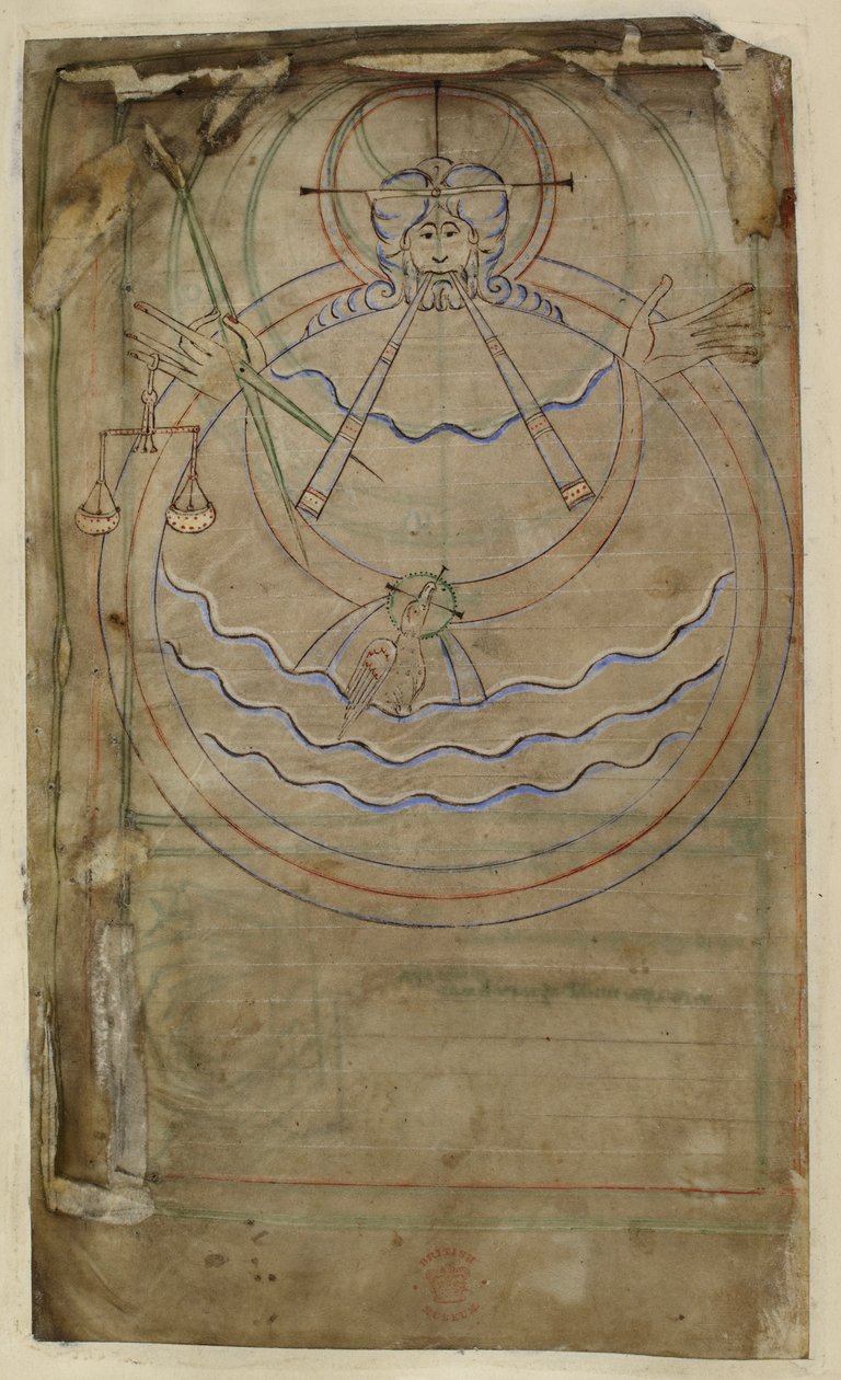 Cotton ms tiberius c vi f007v 创世图解，温彻斯特 "提比略诗篇 "插图，约 1050 年（牛皮纸）。 作者 英语学校