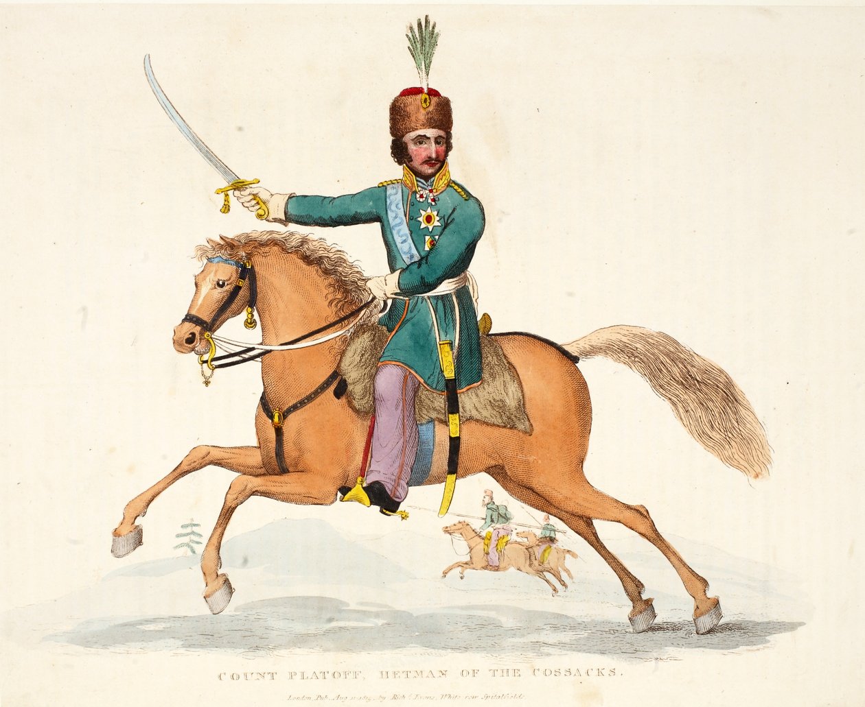 计数Platoff，哥萨克人的Hetman，酒吧。作者：理查德·埃文斯（Richard Evans），罗姆尼（Romney），1816年威廉·穆德福德（William Mudford）撰写的滑铁卢战役历史记录中的插图 作者 英语学校