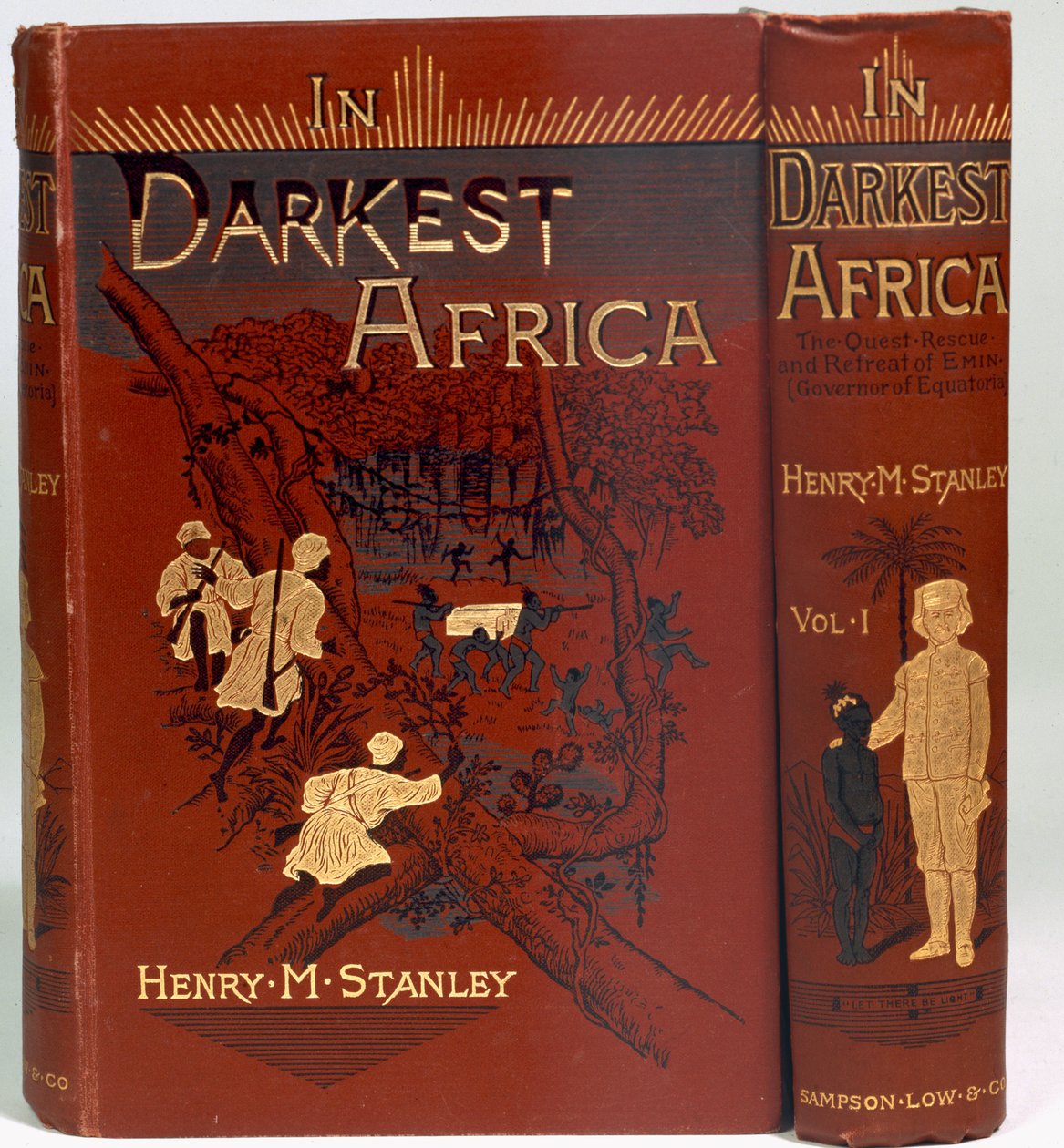 In Darkest Africa的封面：或Emin的探索，救援和撤退（赤道州长），第一卷，1890年出版 作者 英语学校