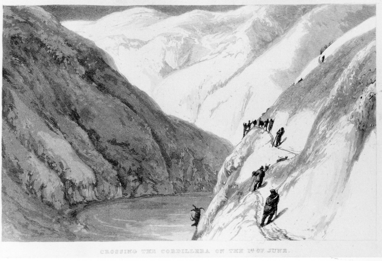 6月1日，亚历山大·卡尔德克鲁（Alexander Caldcleugh）在南美洲的旅行中穿越科迪勒拉（Cordillera），1825年 作者 英语学校