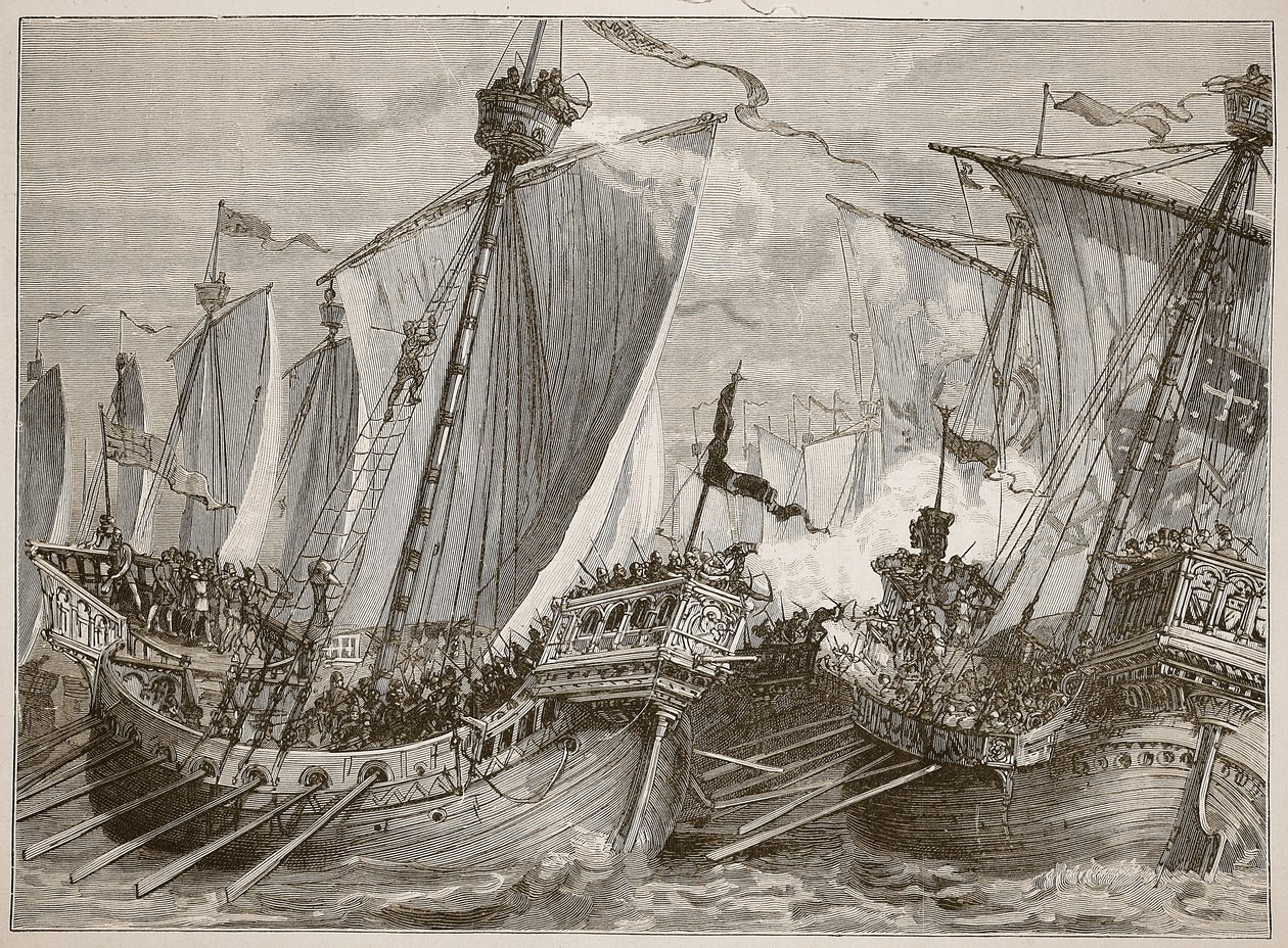 击败英国海峡的法国舰队，插图来自Cassells Illustrated History of England（sepia photo） 作者 英语学校