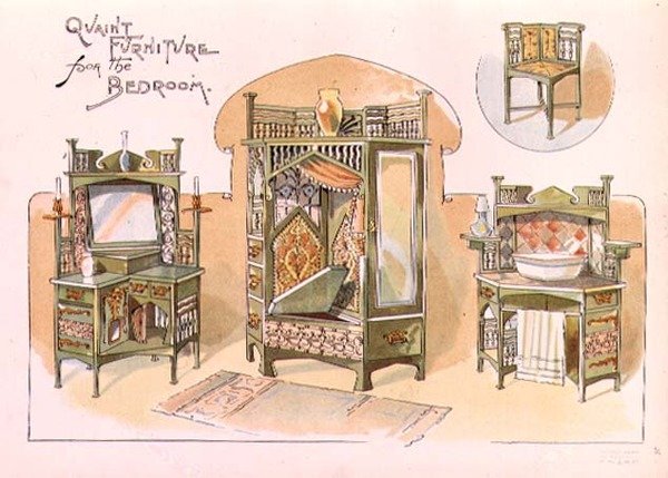 卧室的古朴家具 "的设计，来自《橱柜制造商》的插图，1897年8月出版（打印）。 作者 英语学校