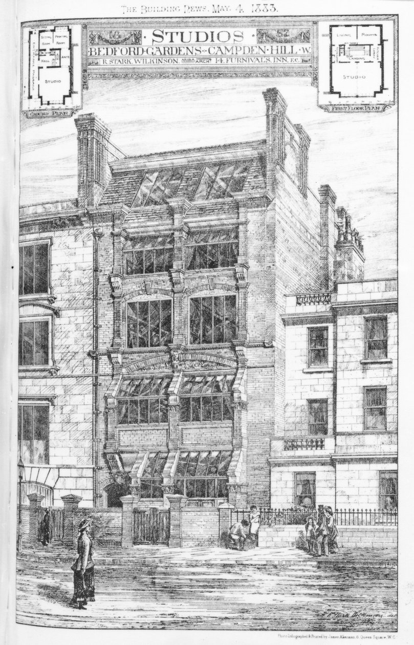 1883年5月4日，来自“建筑新闻”的伦敦坎普登山贝德福德花园的工作室设计 作者 英语学校