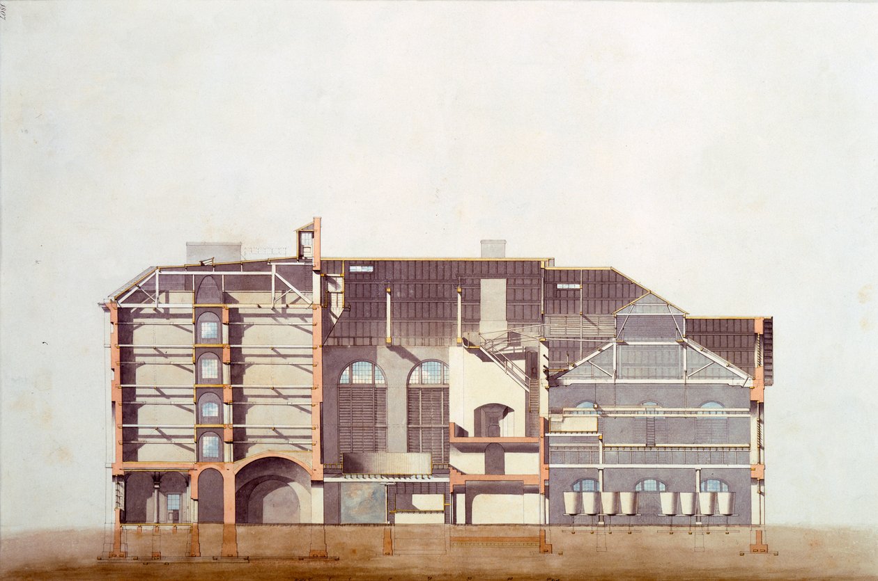 Stag Brewhouse的设计，来自George Saunders办公室的原始手稿，c.1807（铅笔，wc和笔和墨水在纸上） 作者 英语学校