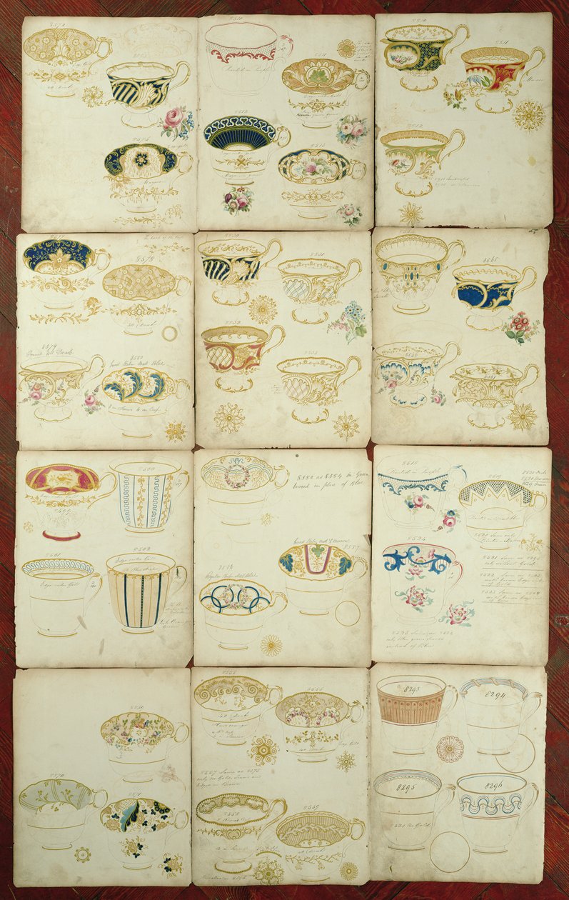 斯塔福德郡丹尼尔工厂生产的茶杯设计，1845年（水粉，纸和纸上的墨水） 作者 英语学校