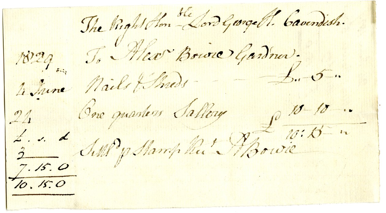 Devonshire MSS AS 3101，对开本，来自Pinder Simpson为George Cavendish勋爵结算的一捆账单，包括Alexander Bowie的账单。 作者 英语学校