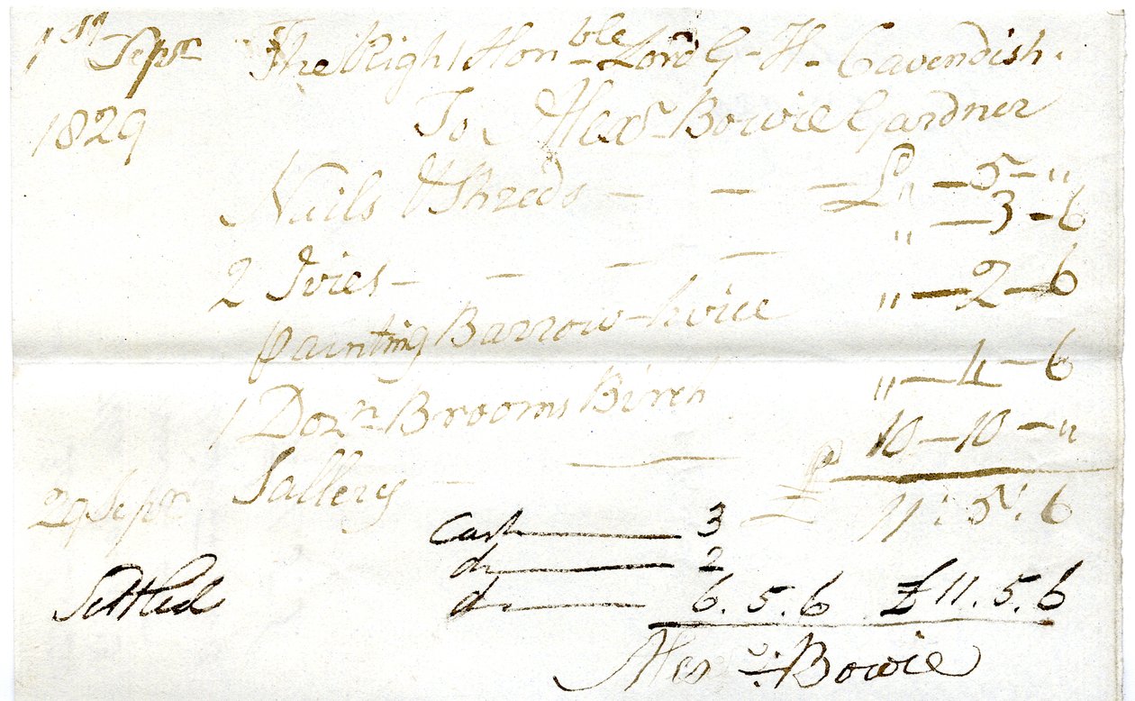 Devonshire MSS AS 3101，对开本，来自Pinder Simpson为George Cavendish勋爵结算的一捆账单，包括Alexander Bowie的账单。 作者 英语学校