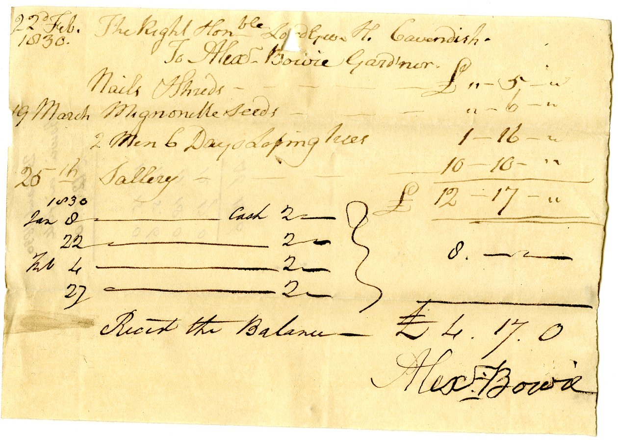 Devonshire MSS AS 3101，对开本，来自Pinder Simpson为George Cavendish勋爵结算的一捆账单，包括Alexander Bowie的账单。 作者 英语学校