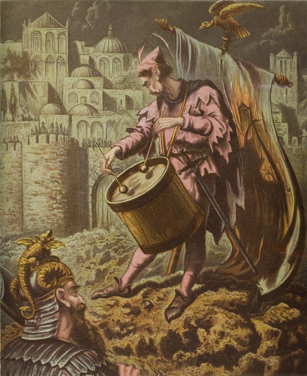 Diabolus在Mansoul城墙前的鼓手，来自John Bunyan的“圣战”（1628-88） 作者 英语学校