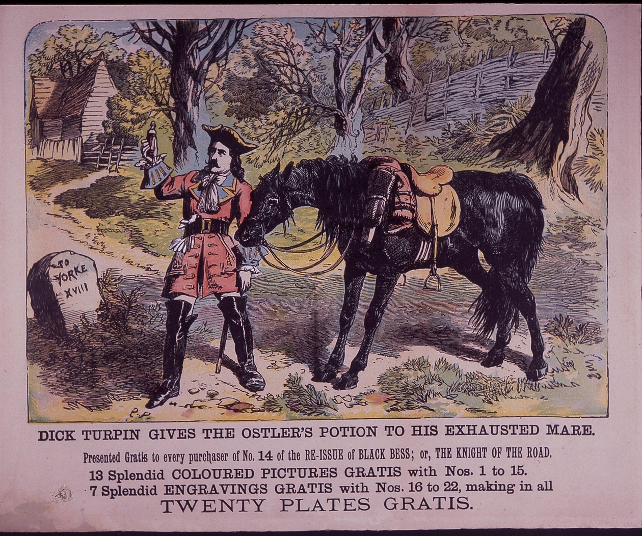 Dick Turpin 和他的马 Black Bess 在去约克的路上（彩色石版画） 作者 英语学校