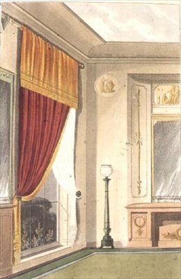 餐厅窗帘和餐具柜，图版86，来自阿克曼的《艺术宝库》，1809-28年出版（彩色平印）。 作者 英语学校
