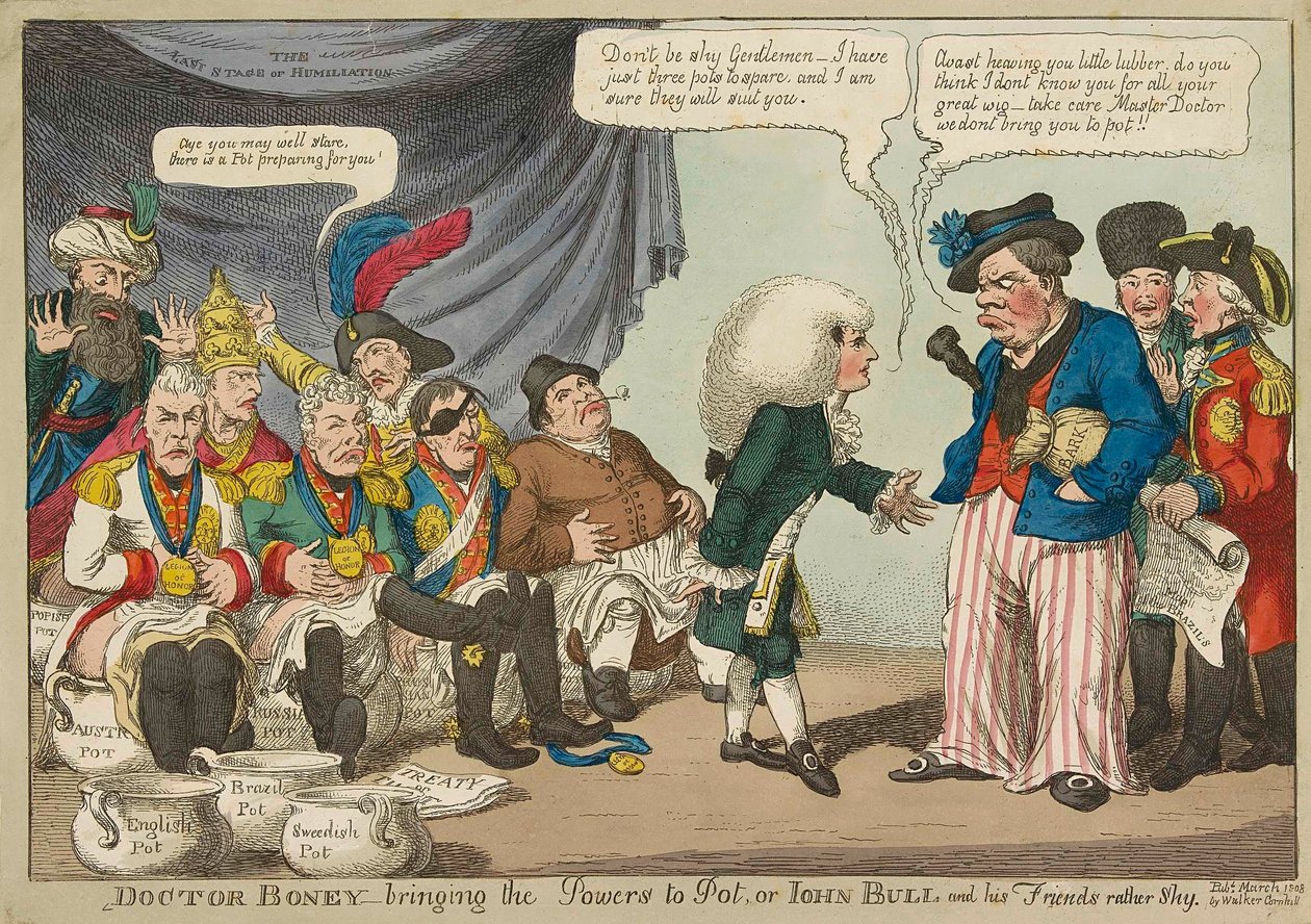 博尼医生_将权力带入锅中......，1808年手绘彩色版画。 作者 英语学校