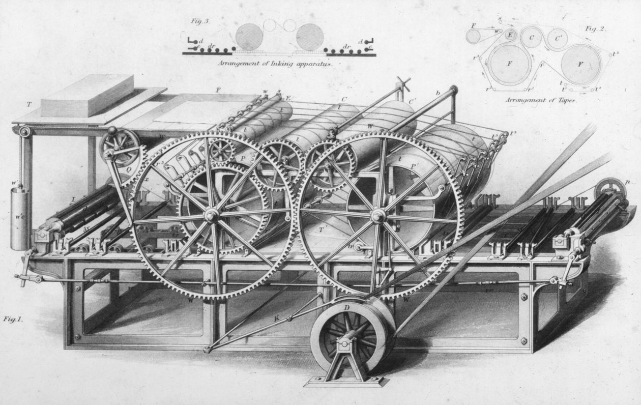 来自实用艺术与制造的Cyclopaedia的双圆筒印刷机，由Charles Tomlinson编辑，1880年代 作者 英语学校