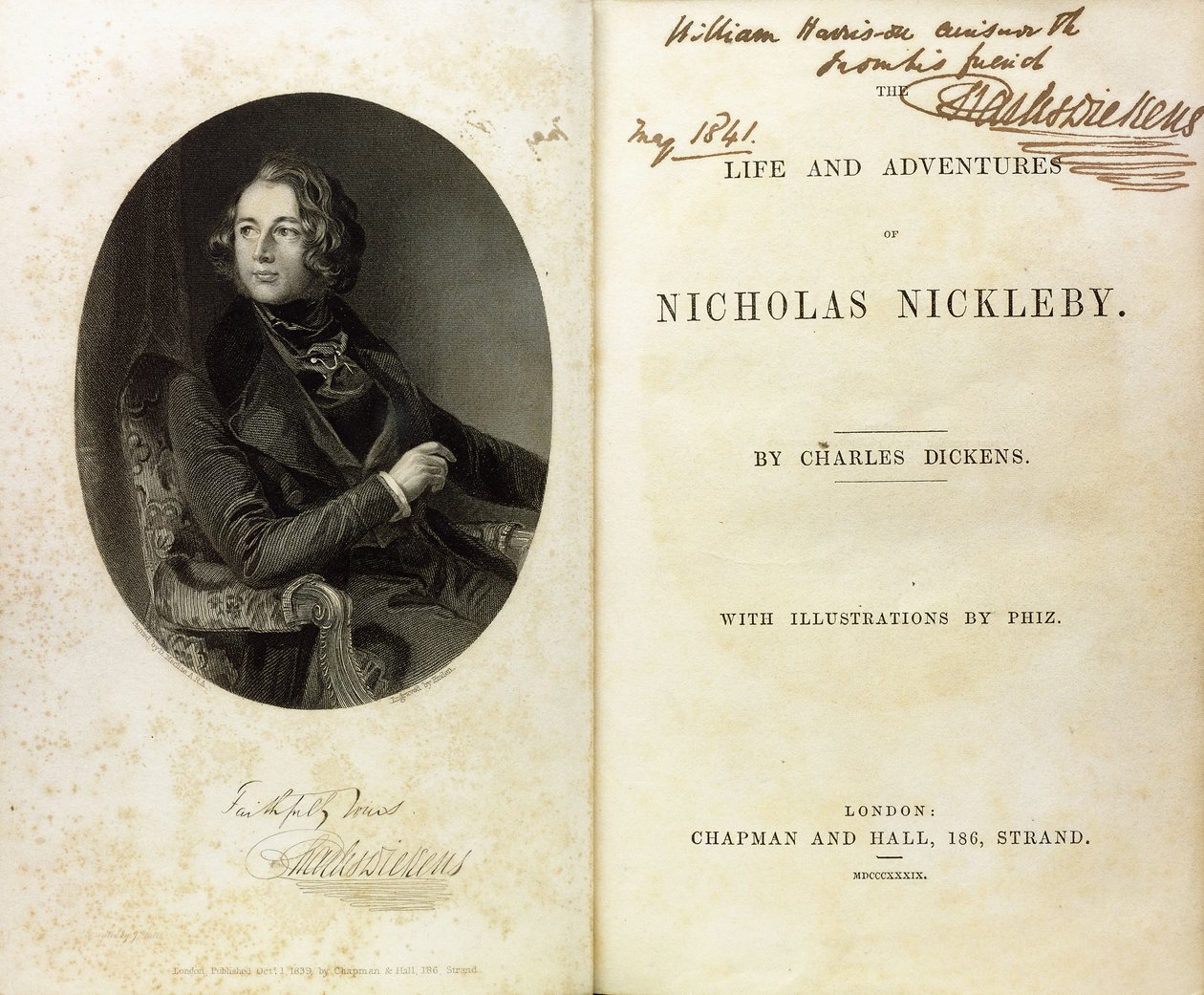 Double page spread with a portrait of Dickens, and a dedication by Dickens to William Harrison Ainsworth 作者 英语学校