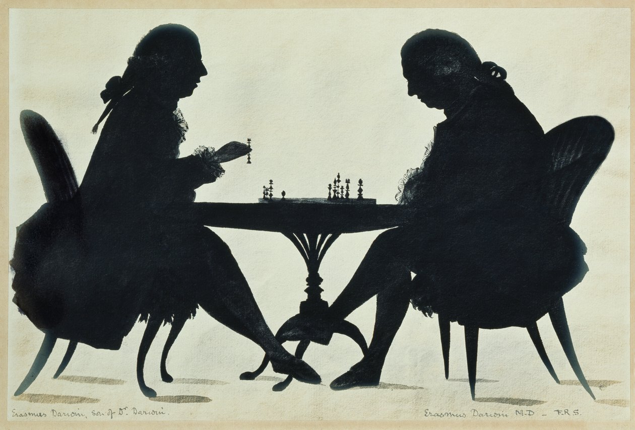 E. 达尔文博士与他的儿子下棋，约 1780 年（纸上水彩画） 作者 英语学校