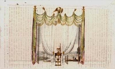 画室窗帘和工作桌，图版104，来自阿克曼的《艺术宝库》，1809-28年出版（彩色平印）。 作者 英语学校