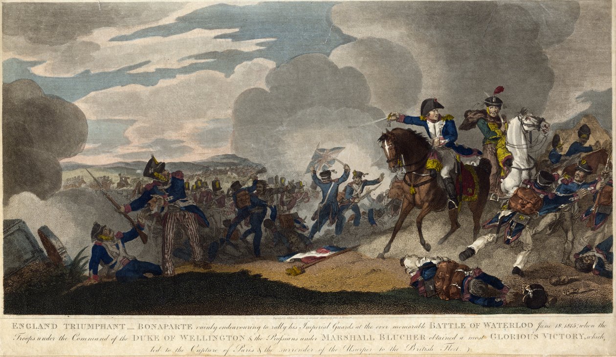 英国凯旋。拿破仑在滑铁卢战役中试图召集帝国卫队，约 1815 年（雕刻） 作者 英语学校