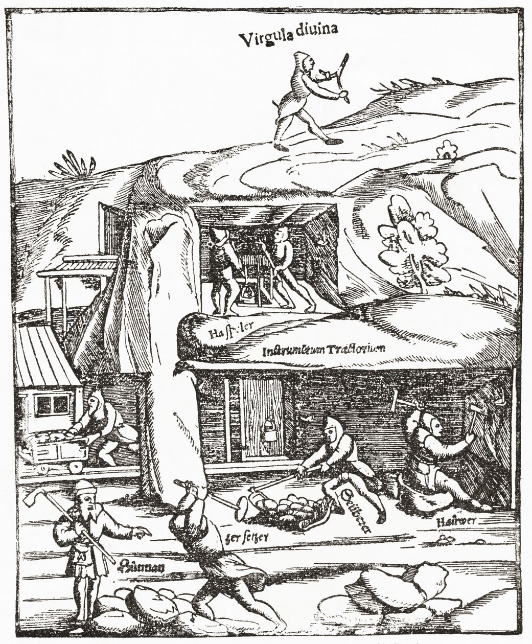 Early representation of the Divining Rod, showing a figure with a diving rod above ground searching for water, coal or gold and the miners below ground toiling to find coal. From The Strand Magazine published 1897.   1467413   zh       chinese Successfully 作者 英语学校