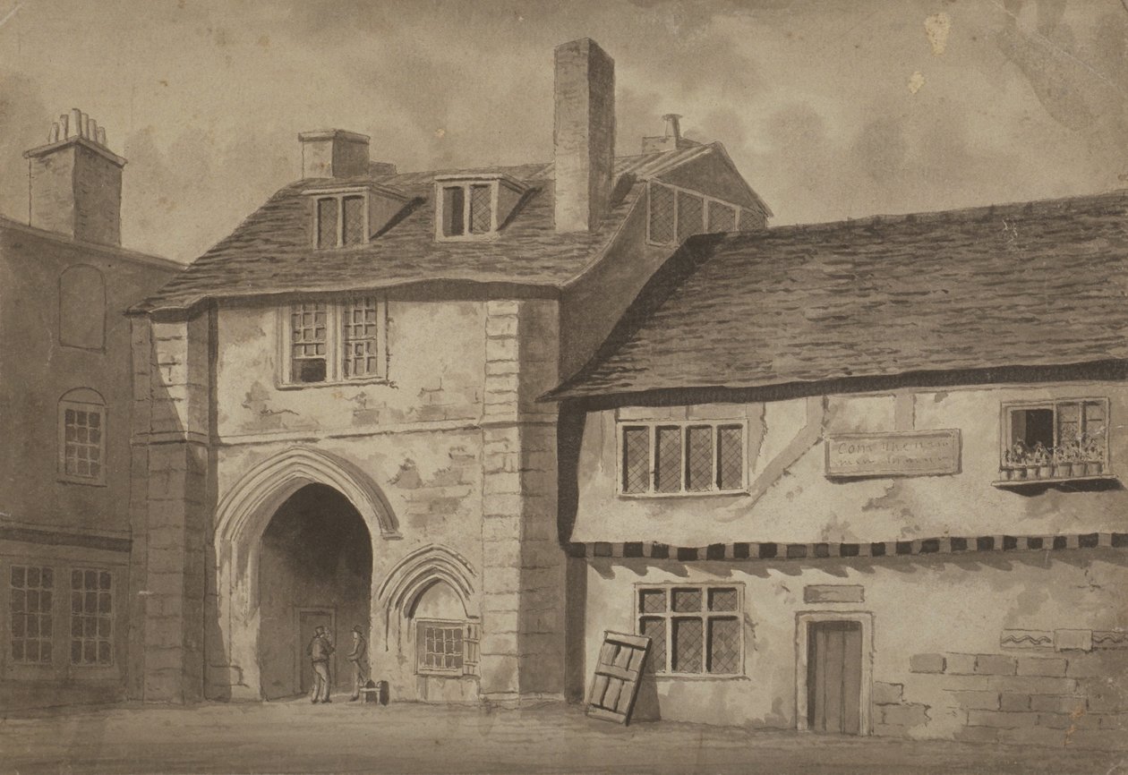 通往圣救世主修道院，Bermondsey，1825年的门户的东视图（笔，铅笔和纸上洗） 作者 英语学校