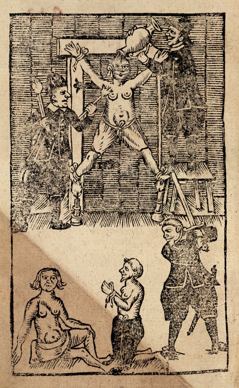 例如 1475 f.1 安博伊纳的荷兰定居者在 1623 年大屠杀之前拷打一名英国商人，大屠杀结束了英国在东印度群岛的贸易（木刻画） 作者 英语学校