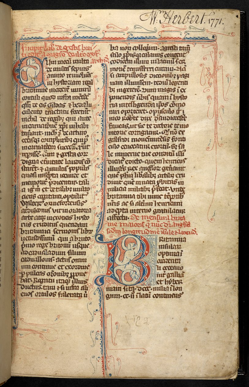 埃杰顿 3142，f.1r，选自《不列颠帝国史》（Historia Regum Britanniae）的带照明首字母 "B "的文本，作者杰弗里-蒙茅斯，约 1294 年（牛皮纸 作者 英语学校