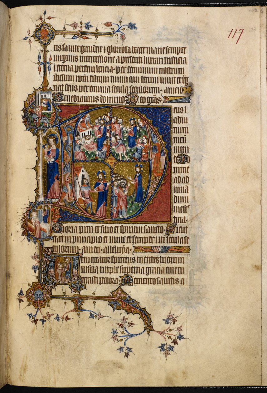 Egerton MS 3277，f.123r，位于 Terce 的大历史首字母“D”(eus)，来自《诗篇》和《时辰》（“Bohun Psalter”）（牛皮纸）； 作者 英语学校