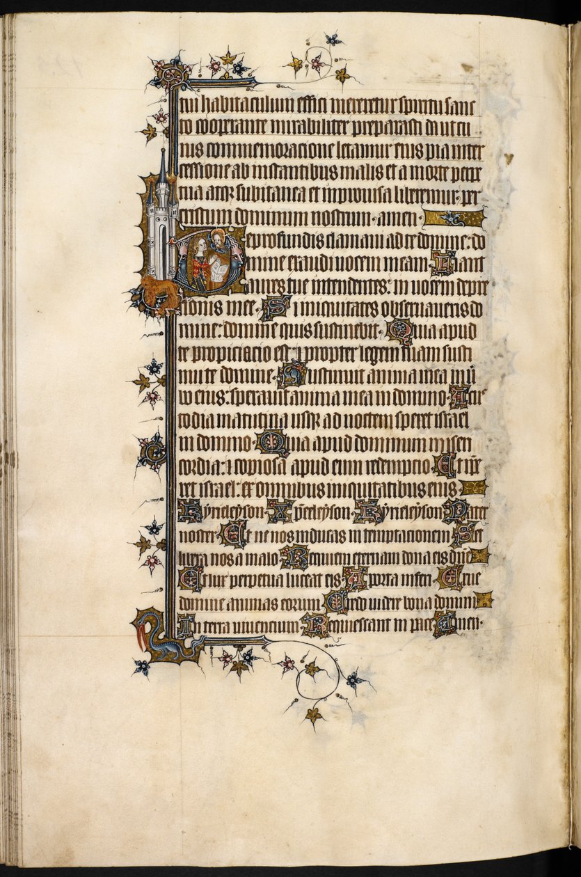 埃格顿 MS 3277，f.131v，祈祷中的博洪夫人，边饰狮子和城堡，选自 "博洪诗篇和时辰"（牛皮纸） 作者 英语学校