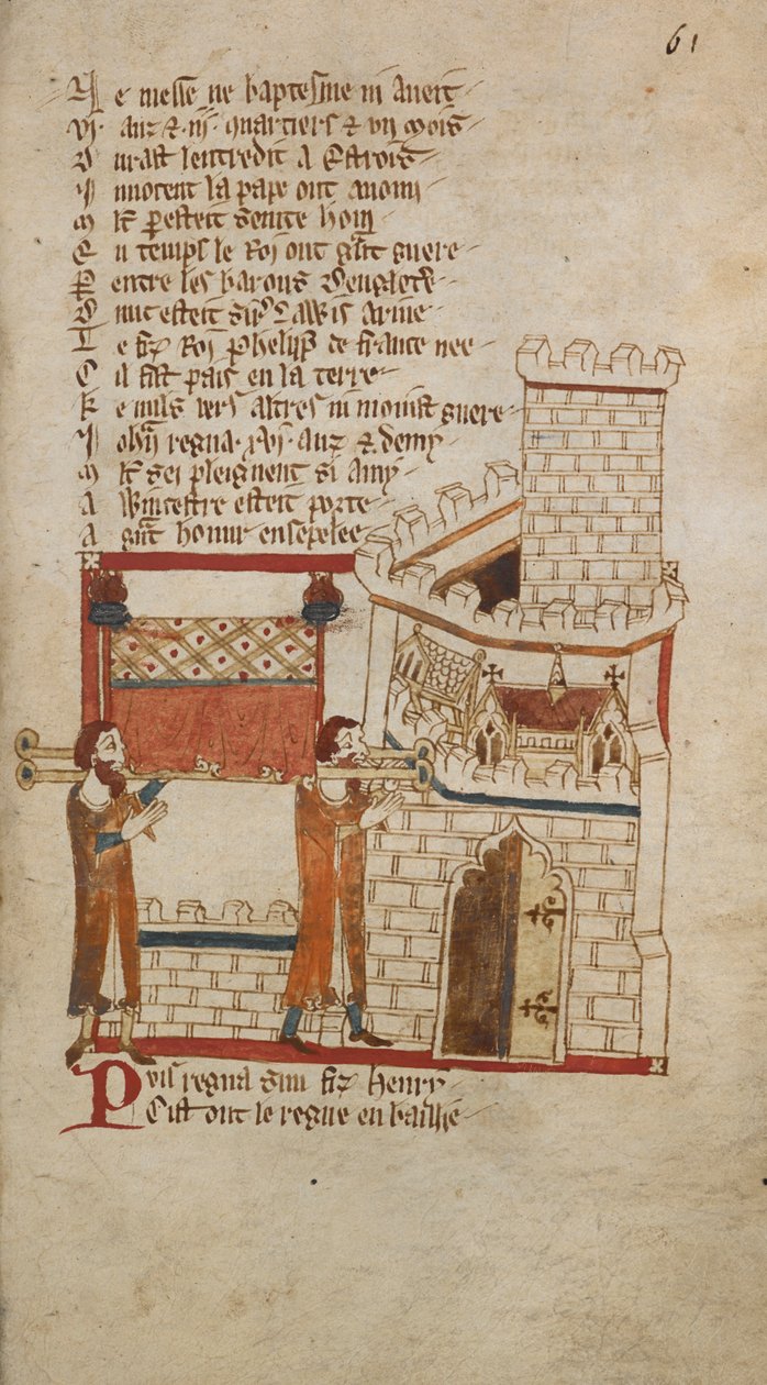 Egerton Ms 3028 f.061r 约翰国王的遗体被送往伍斯特大教堂安葬，插图选自《法国诗歌浪漫曲......》，作者罗伯特-韦斯，巴约教士（牛皮纸）。 作者 英语学校