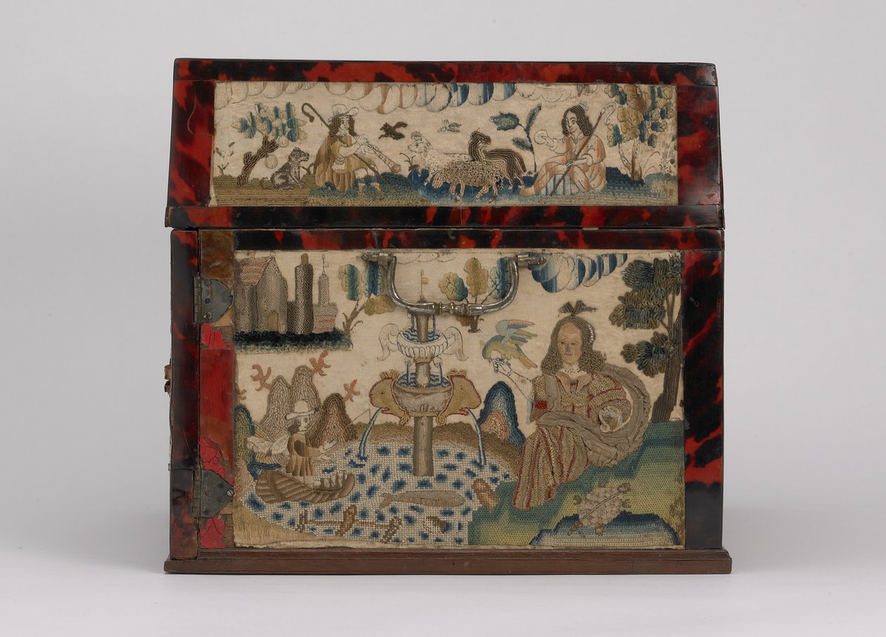 刺绣棺材，约 1660 年（丝绸、帆布、木材、玳瑁色和银质底座） 作者 英语学校