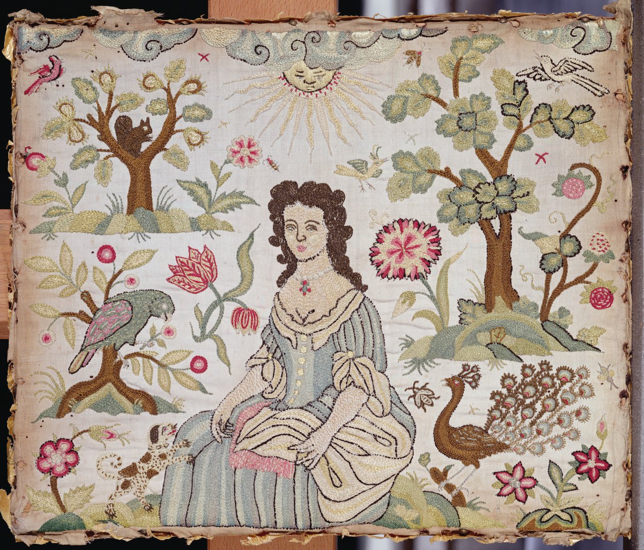 描绘花园中一位女士的刺绣面板，约 1700 年（丝绸） 作者 英语学校