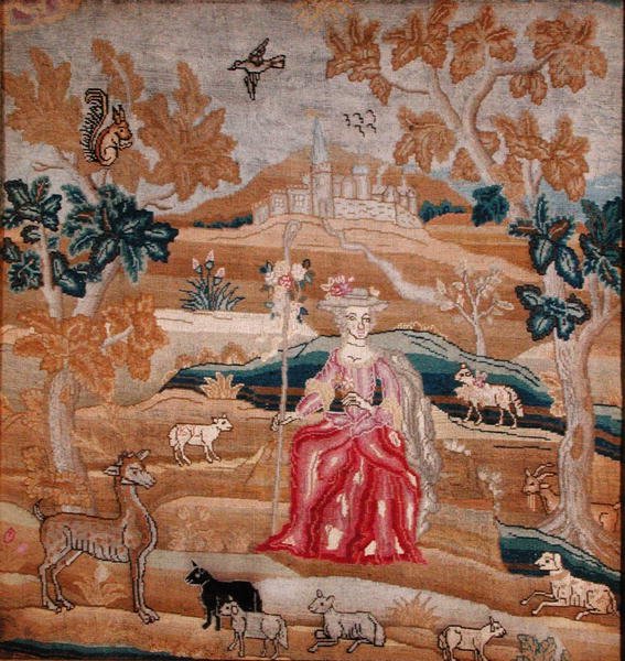 描绘村庄前的牧羊女的绣板（丝绸 作者 英语学校