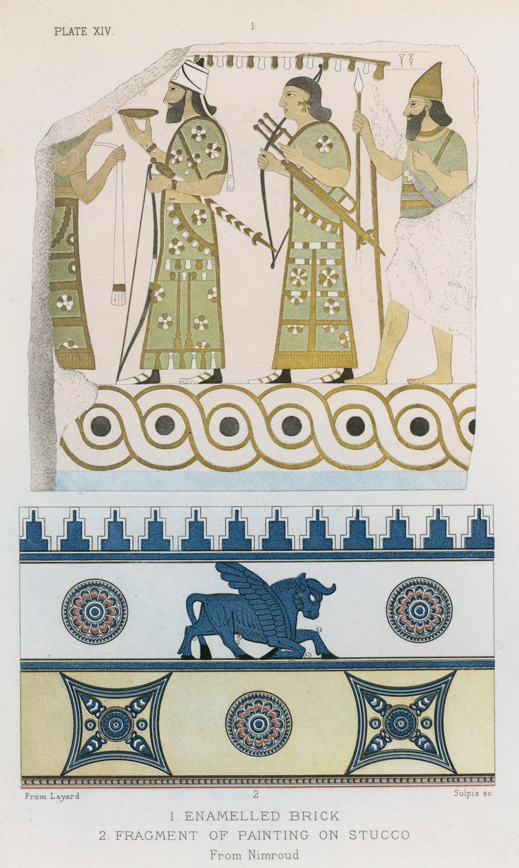 珐琅砖，灰泥上的绘画残片，尼姆鲁德（彩色石版画） 作者 英语学校