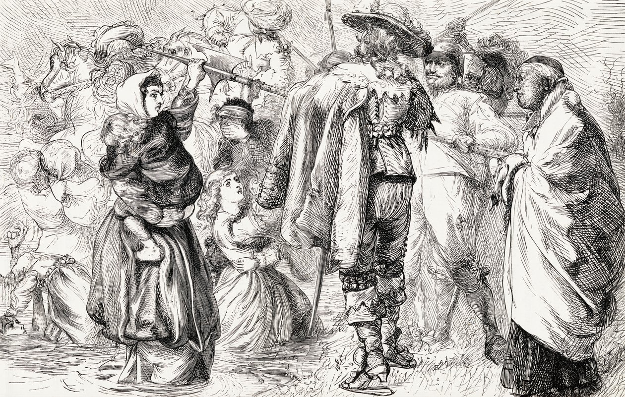 爱尔兰天主教徒在1641年爱尔兰叛乱期间被英国新教徒淹死，1865年（木版画） 作者 英语学校