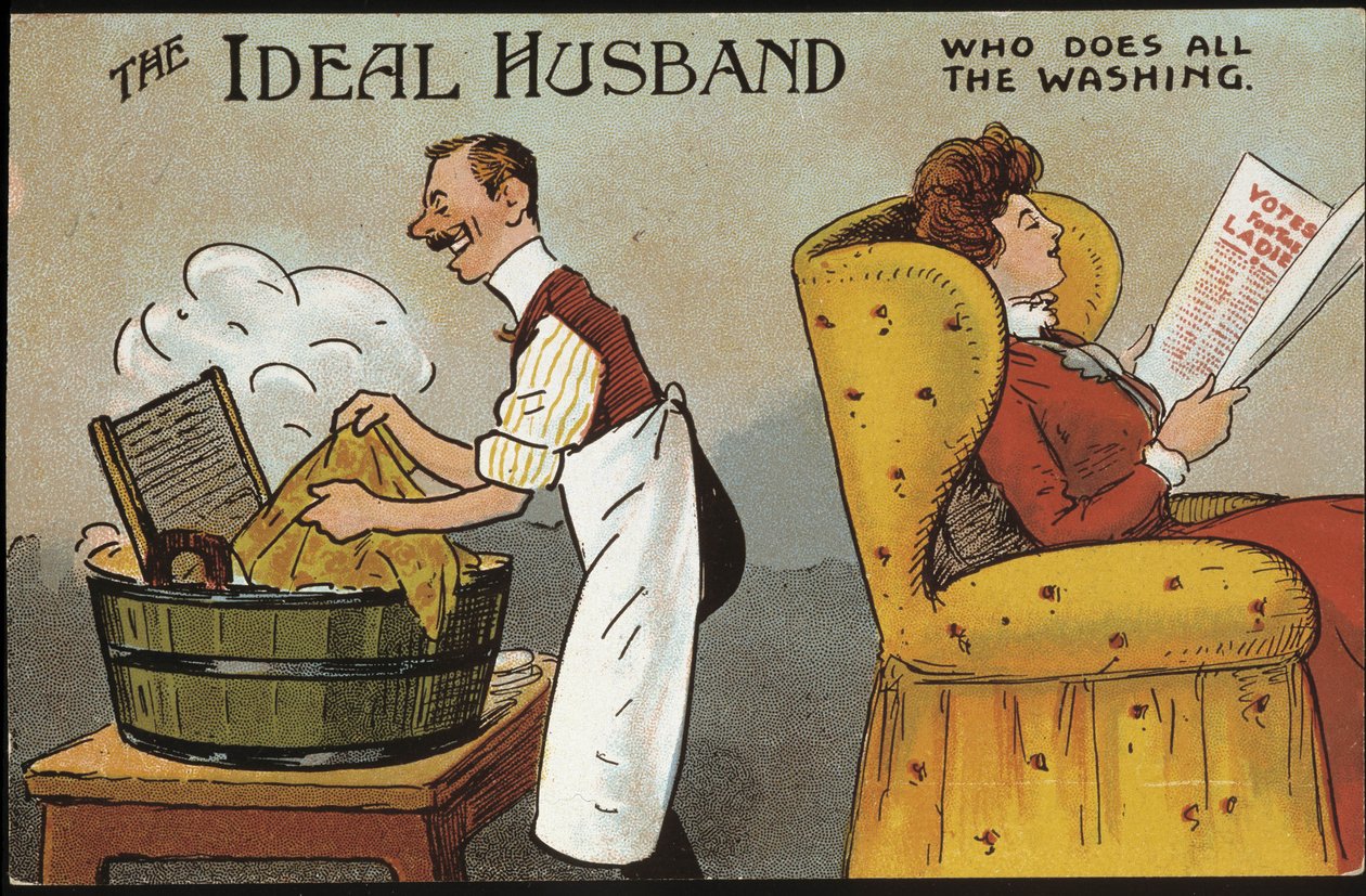 English cartoon (ideal husband): the ideal husband (who does all the laundry) - postcard, n.d., circa 1920. 作者 英语学校