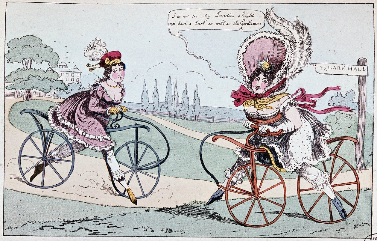 1819 年关于爱好马的英文漫画（第一辆自行车） - 在 Baudry de Saulnier 的“理论和实践自行车”中 作者 英语学校